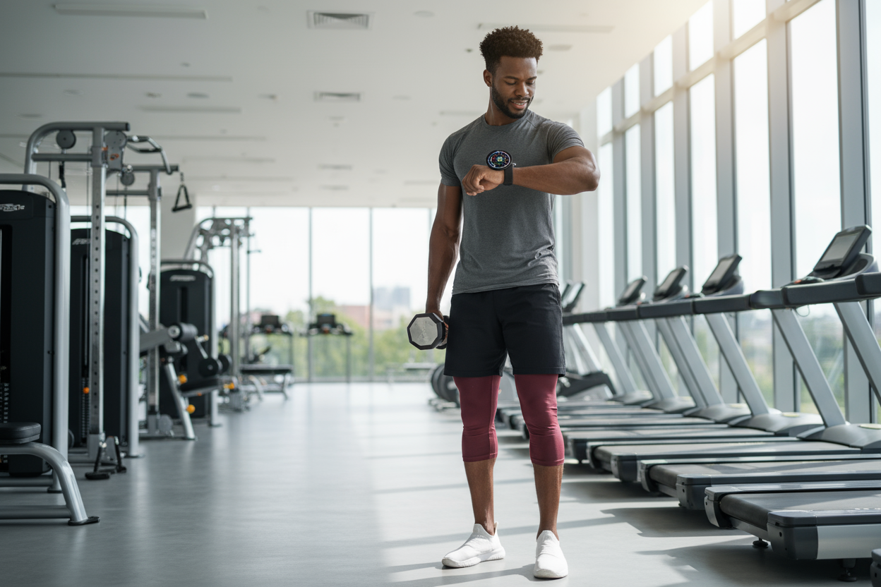 Create a lifestyle banner image of a fit black man working out in a modern gym and looking at her smart watch with no text or writing on the image. The atmosphere should be bright, modern and motivational highlighting fitness technology and confidence. The image should have a wide orientation (1792*1024) suitable for a shopify hero section for Dagnet wearables dawn theme.